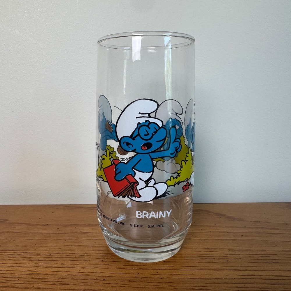 Vintage 1982 Smurfs Brainy Smurf Glass Wallace Drinking‎ Glass